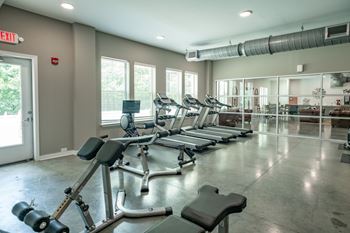 A gym with treadmills, weights, and exercise equipment.